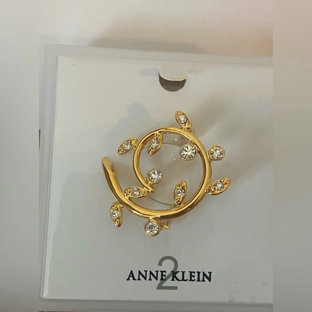 Anne Klein Brooch Pin vintage signed AK Gold Tone Swirl Leaf Branch Rhinestones